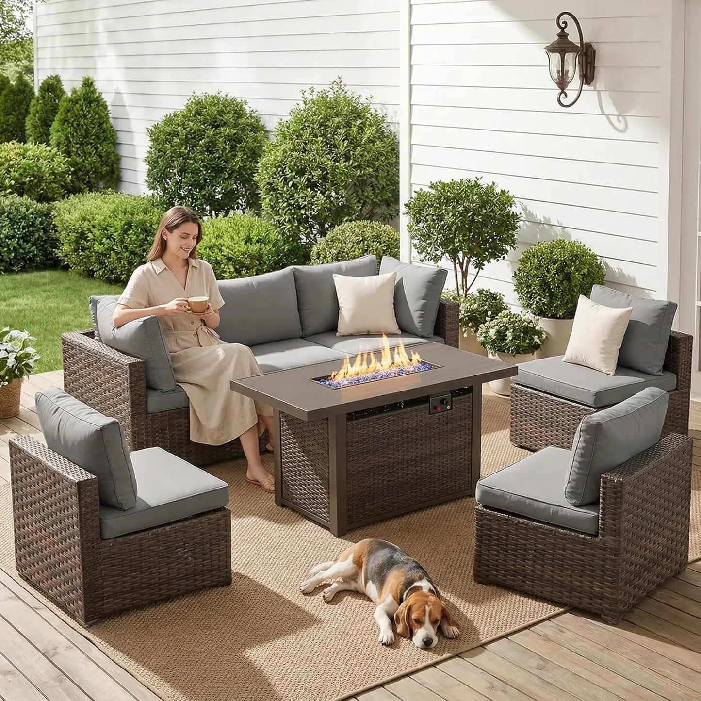 XIAOLANG 7 Piece Outdoor Patio Furniture Set With Rattan Wicker Fire Pit Table