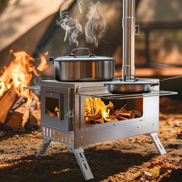 Portable Wood Burning Stove With Six Stainless Chimney Pipes For Outdoor Heating