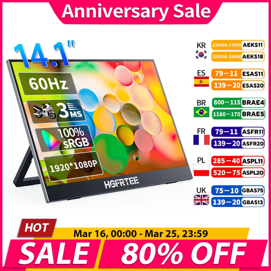 14.1 Inch Portable Monitor 1080P IPS 100%SRGB Gaming Portable Screen with Stand for Laptop PS5/4 Switch Xbox Raspberry Pi