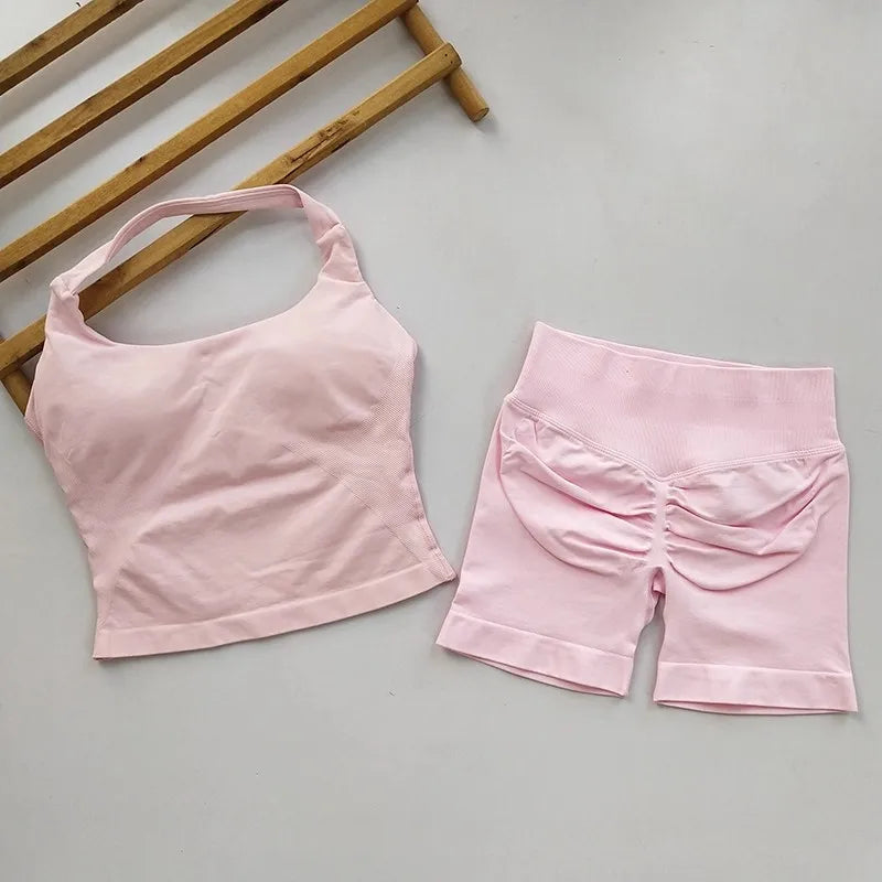 Yoga 2 Piece Women Backless Halter Top High Waist Shorts