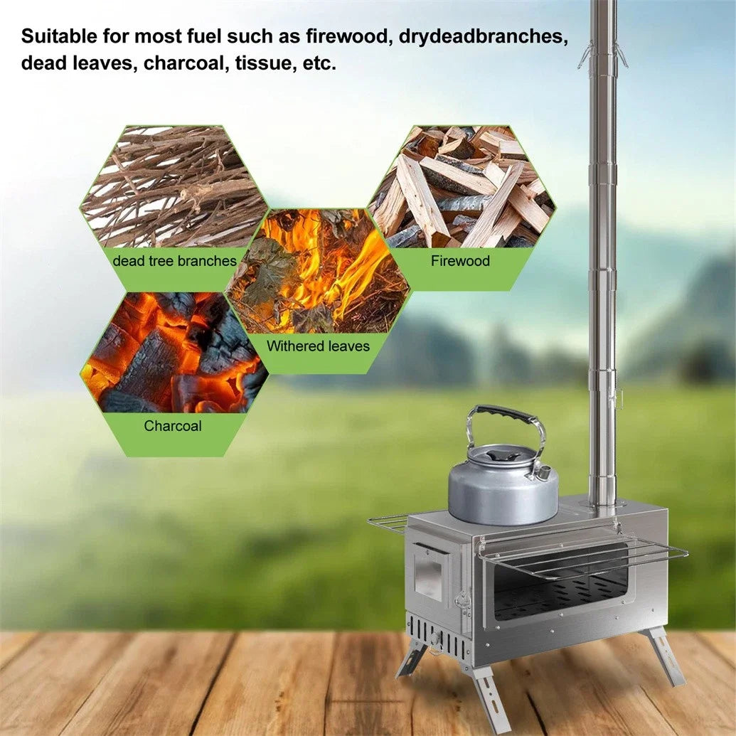 Portable Wood Burning Stove With Six Stainless Chimney Pipes For Outdoor Heating