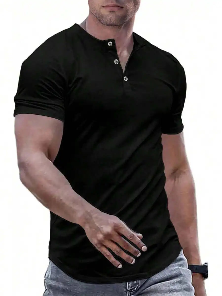 Slim Fit Henley Shirt For Men Round Neck Button Casual
