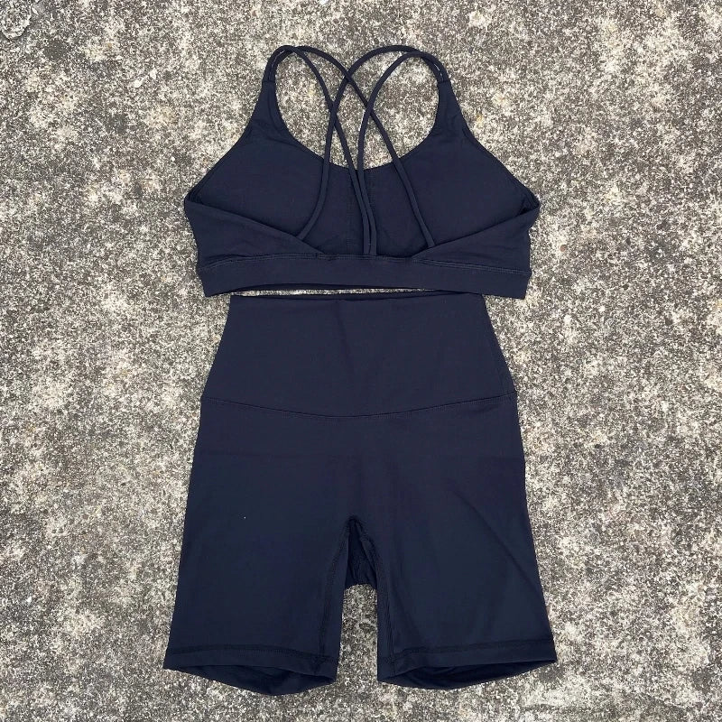 Women Cross Back Gym Bra and High Waist Shorts Set