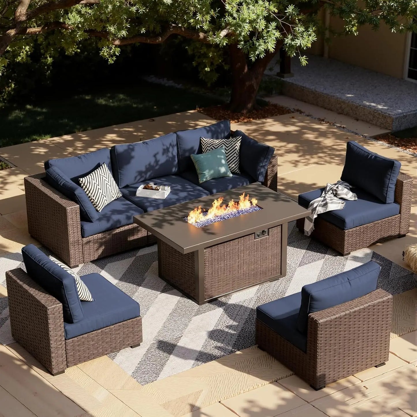 XIAOLANG 7 Piece Outdoor Patio Furniture Set With Rattan Wicker Fire Pit Table