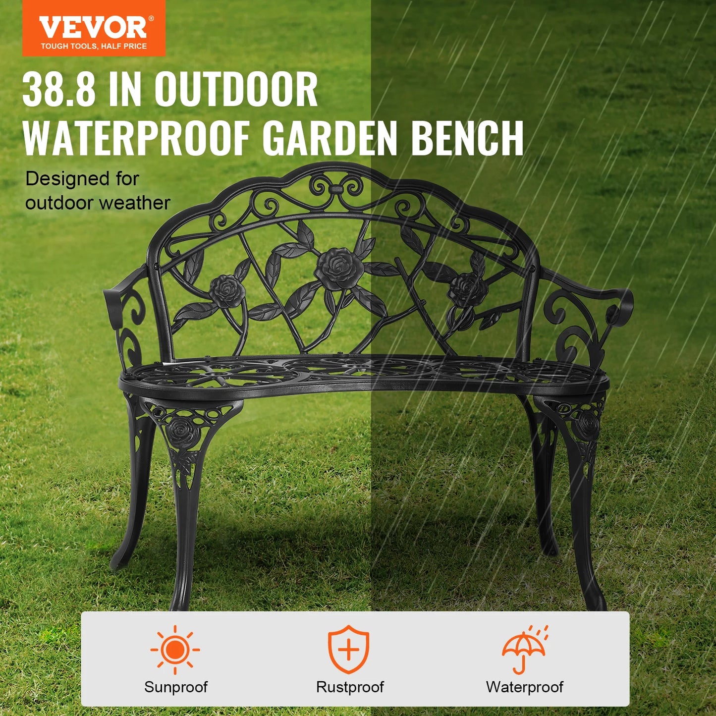 SucceBuy Outdoor Bench Wooden Metal Garden Bench for Outdoors 480 lbs Load Capacity Bench Outdoor Garden Park Bench
