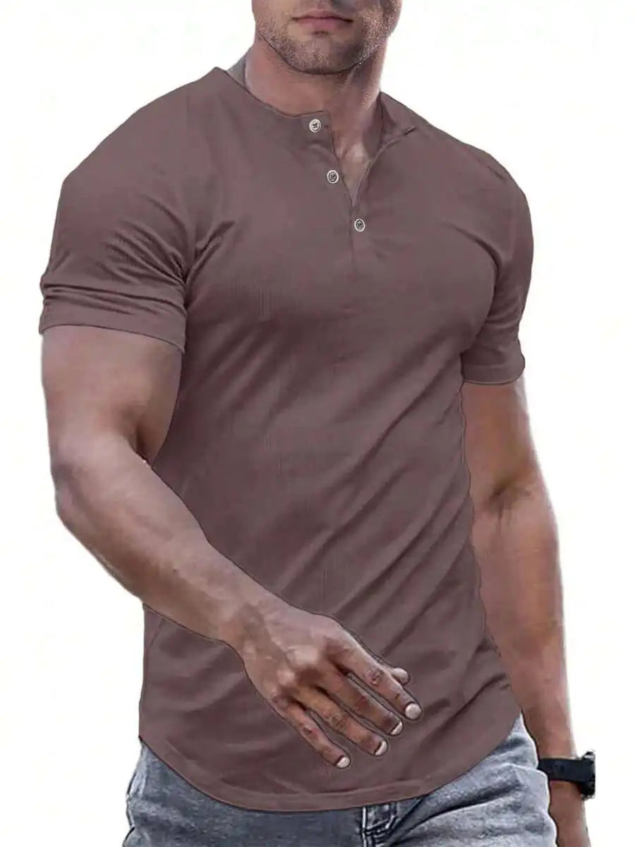 Slim Fit Henley Shirt For Men Round Neck Button Casual