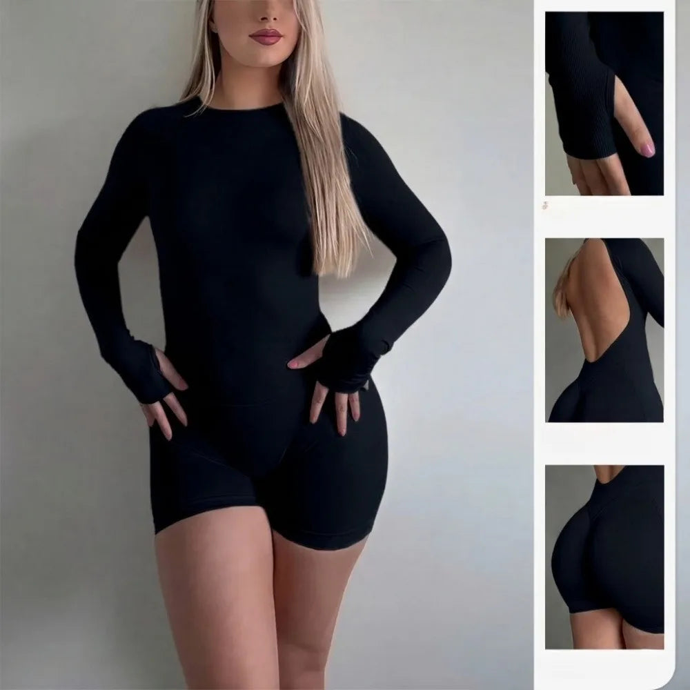 Women's Open Back Seamless Knit Yoga Jumpsuit Breathable Nylon Elastane