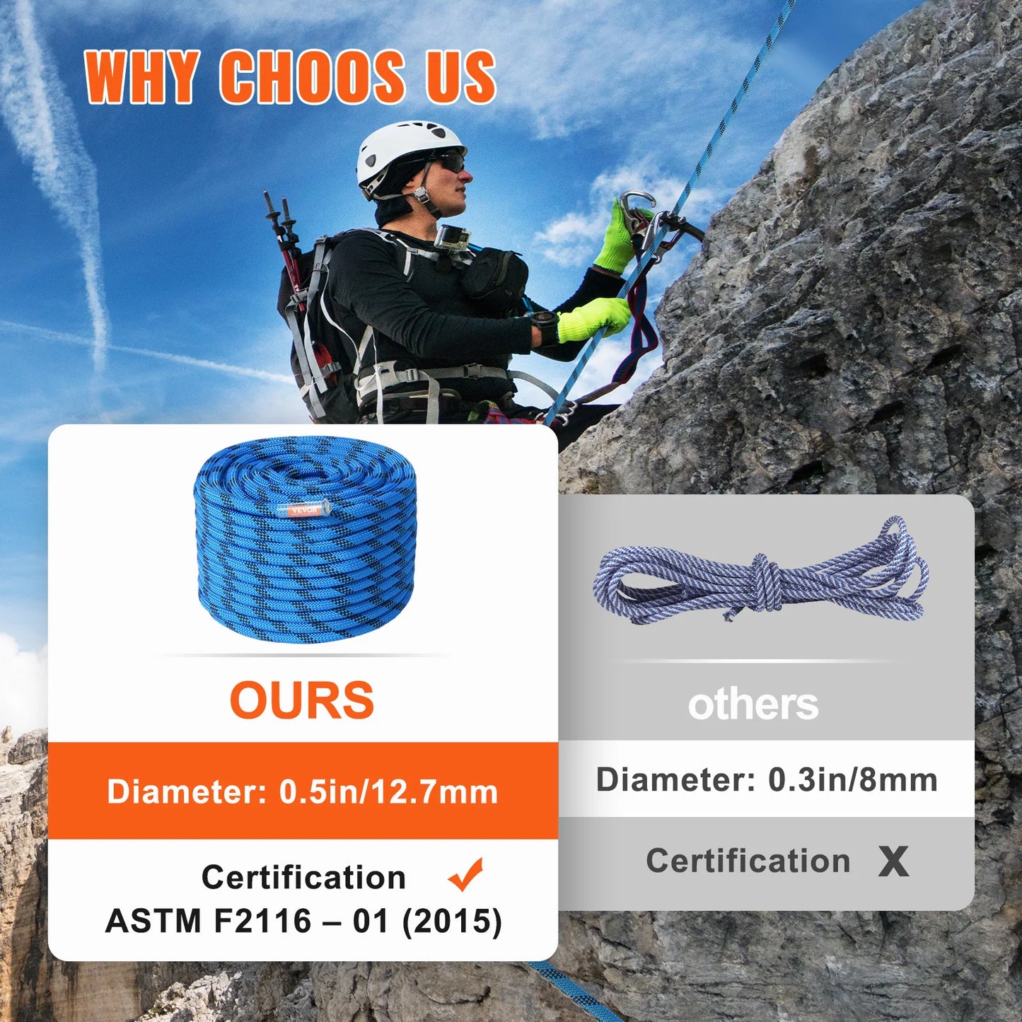 VEVOR Static Climbing Rope With 32 kN Breaking Strength