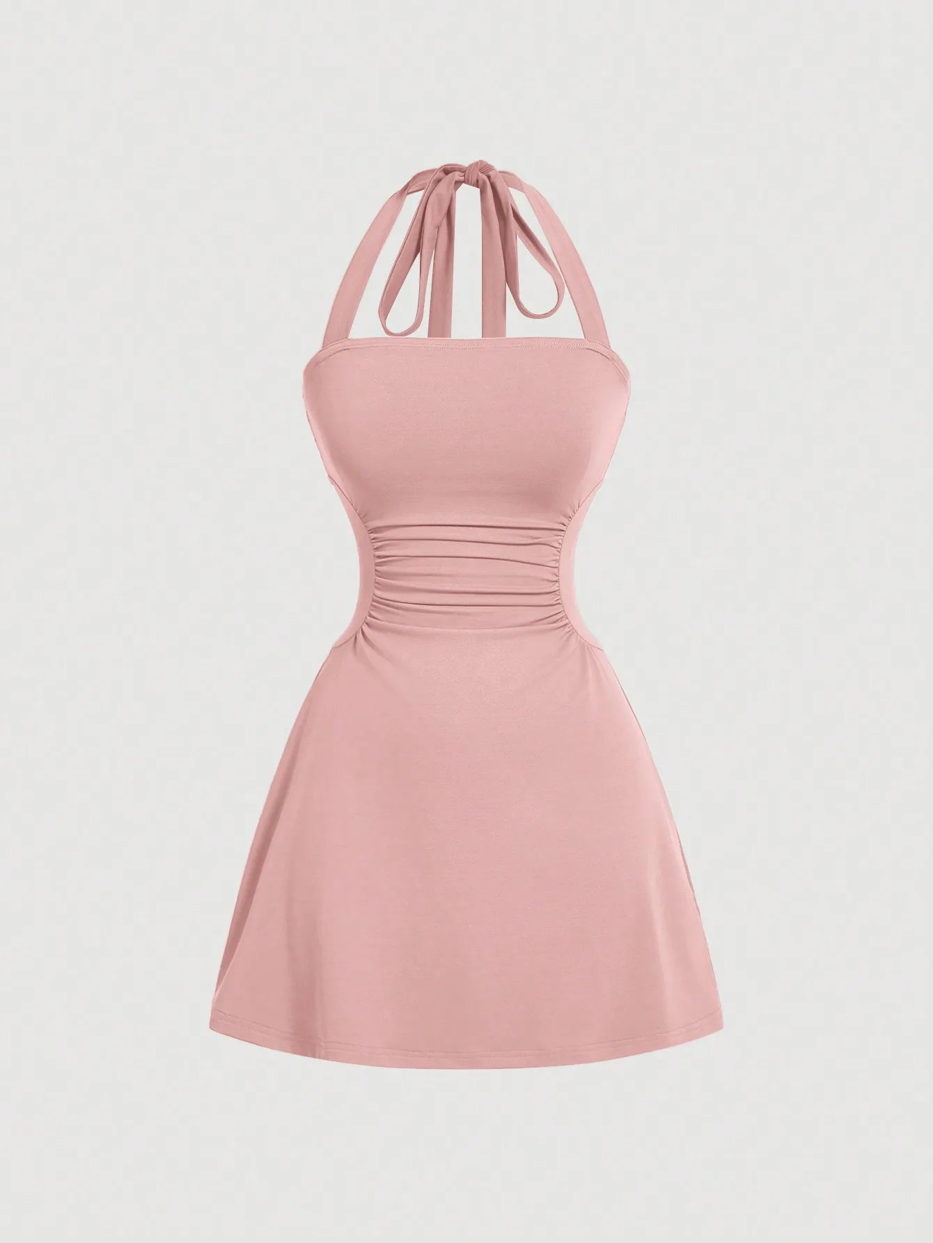 Halter Neck A Line Dress With Ruched Waist Summer Wear