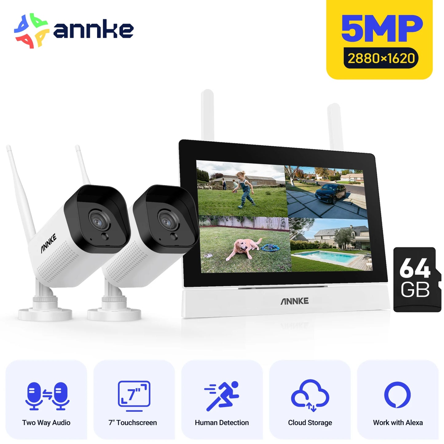 Annke 3MP 5MP Wireless CCTV System 4CH NVR Outdoor wifi camera 7-inch touch screen Two Way Audio 2/4Pcs Wifi security camera