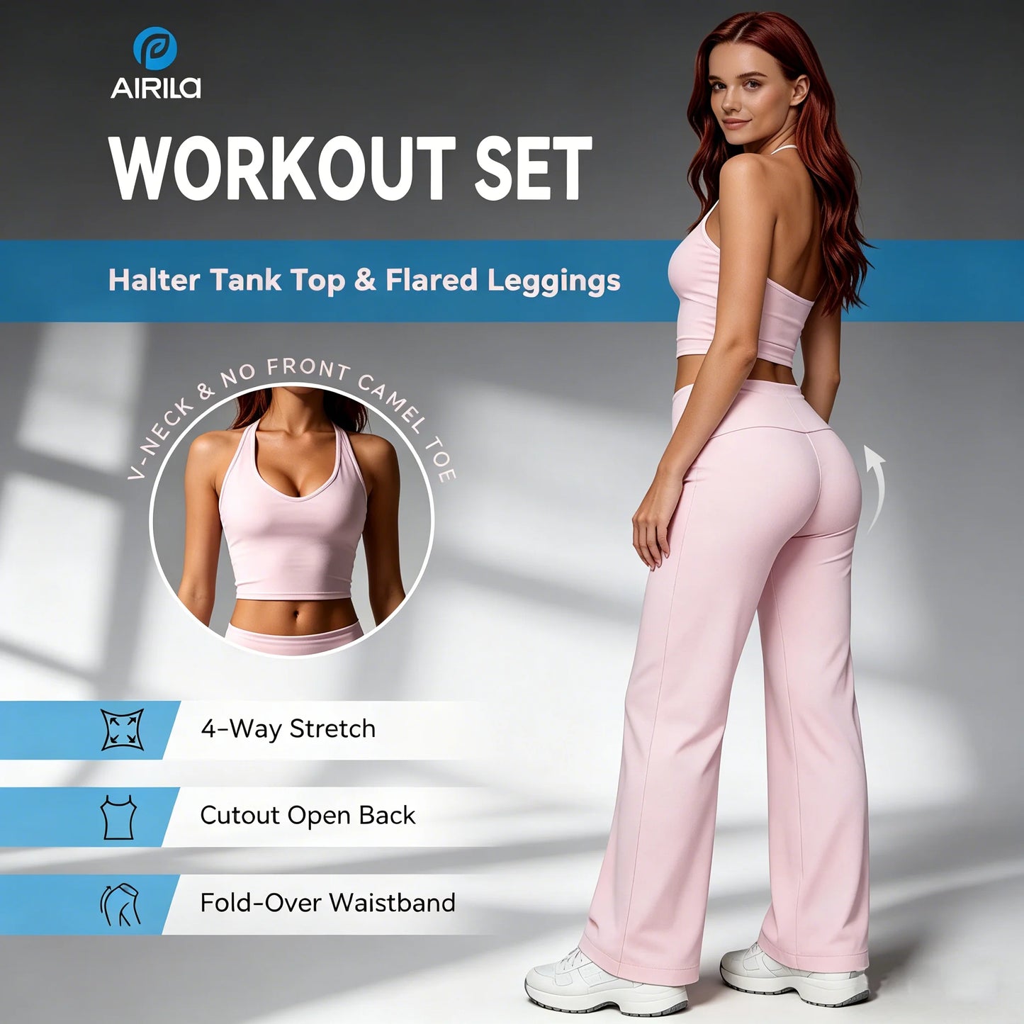 Airila 2 Piece Halter V Neck Yoga Set Backless Crop Top Fold Waist Flared Pants