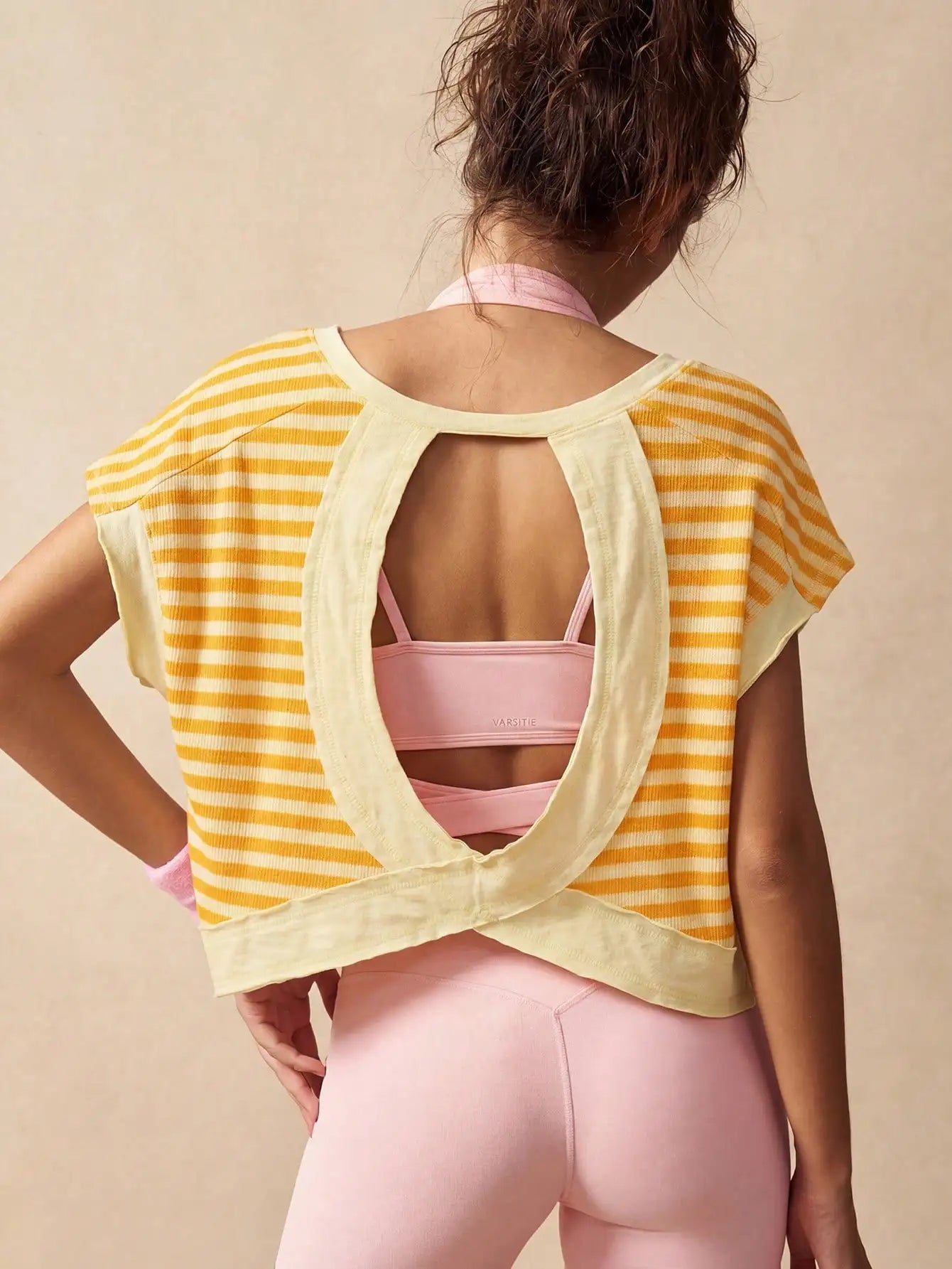 Women Striped Open Back Workout Top Gym Crop Activewear