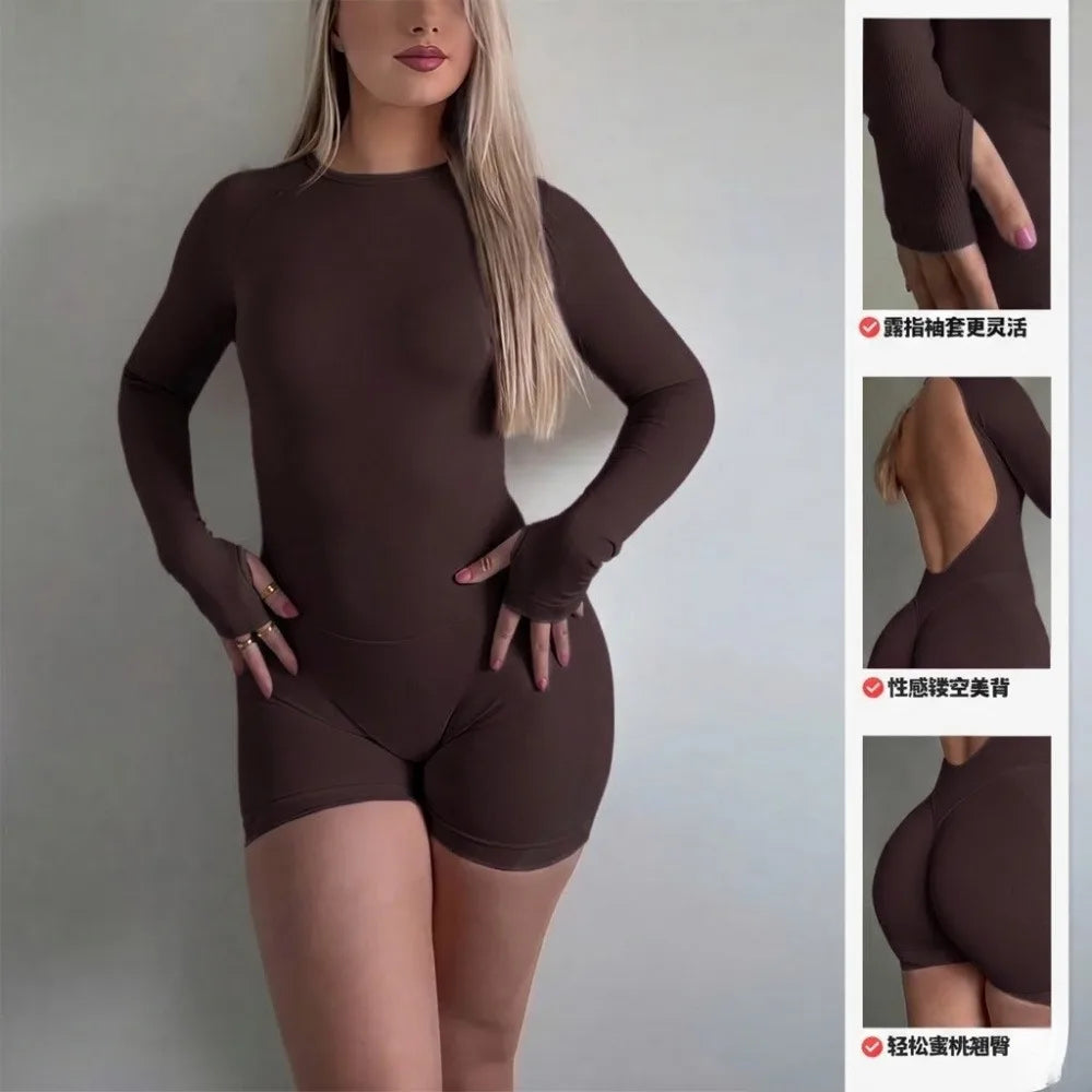 Women's Open Back Seamless Knit Yoga Jumpsuit Breathable Nylon Elastane
