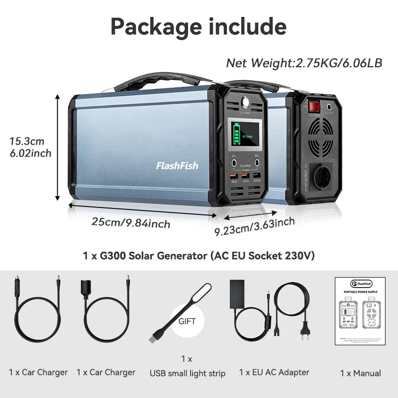FF Flashfish P56 Portable Power Station 330W Peak 600W AC Outlet 288.6Wh Solar Generator DC for Solar Panel Outdoor Power Drone