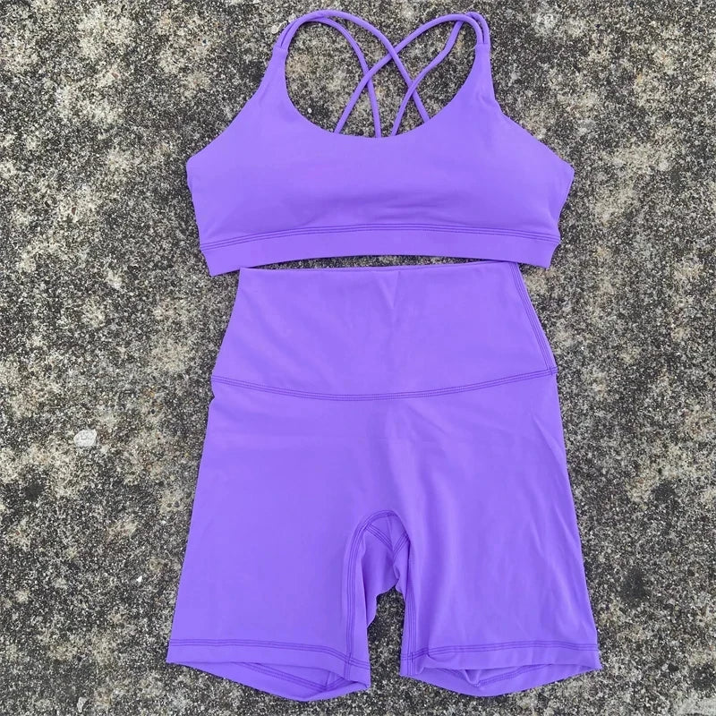 Women Cross Back Gym Bra and High Waist Shorts Set