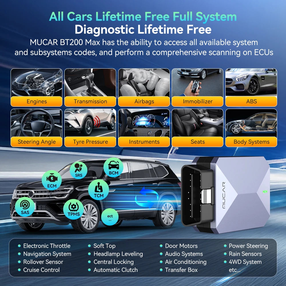 MUCAR BT200 MAX Diagnostic Tools All System AI OBD2 Scanner Lifetime Free Update CAN FD BI-Directional Mucar Diagnostic Scanner