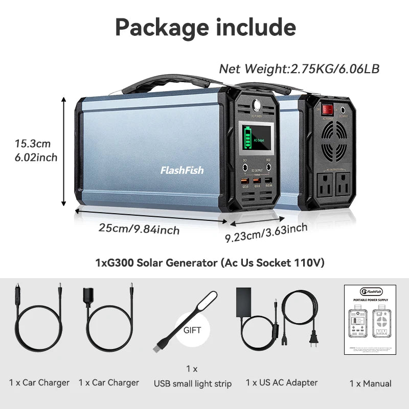 FF Flashfish P56 Portable Power Station 330W Peak 600W AC Outlet 288.6Wh Solar Generator DC for Solar Panel Outdoor Power Drone