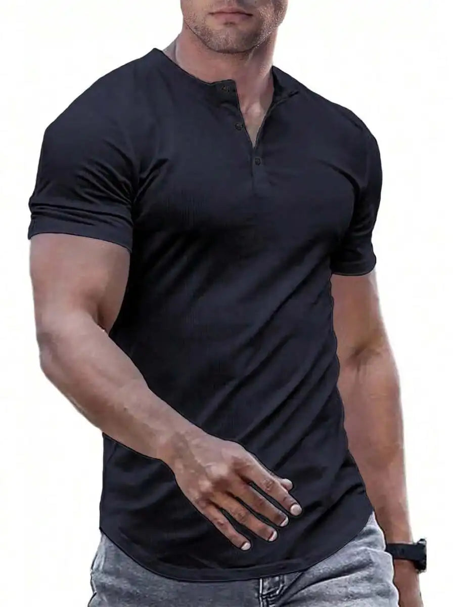 Slim Fit Henley Shirt For Men Round Neck Button Casual