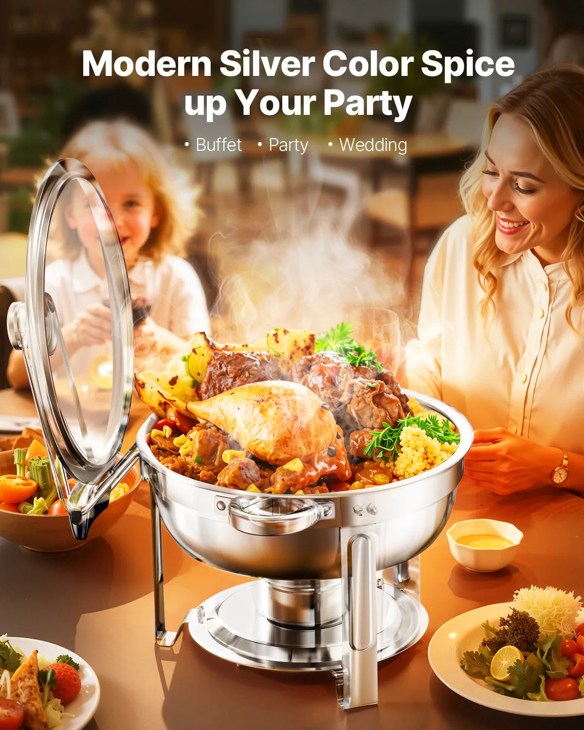 VEVOR 4 Pack Chafing Dish Buffet Stainless Steel Chafer with 4 Full Size Pan Round Catering Warmer w/Glass Lid for Party Banquet
