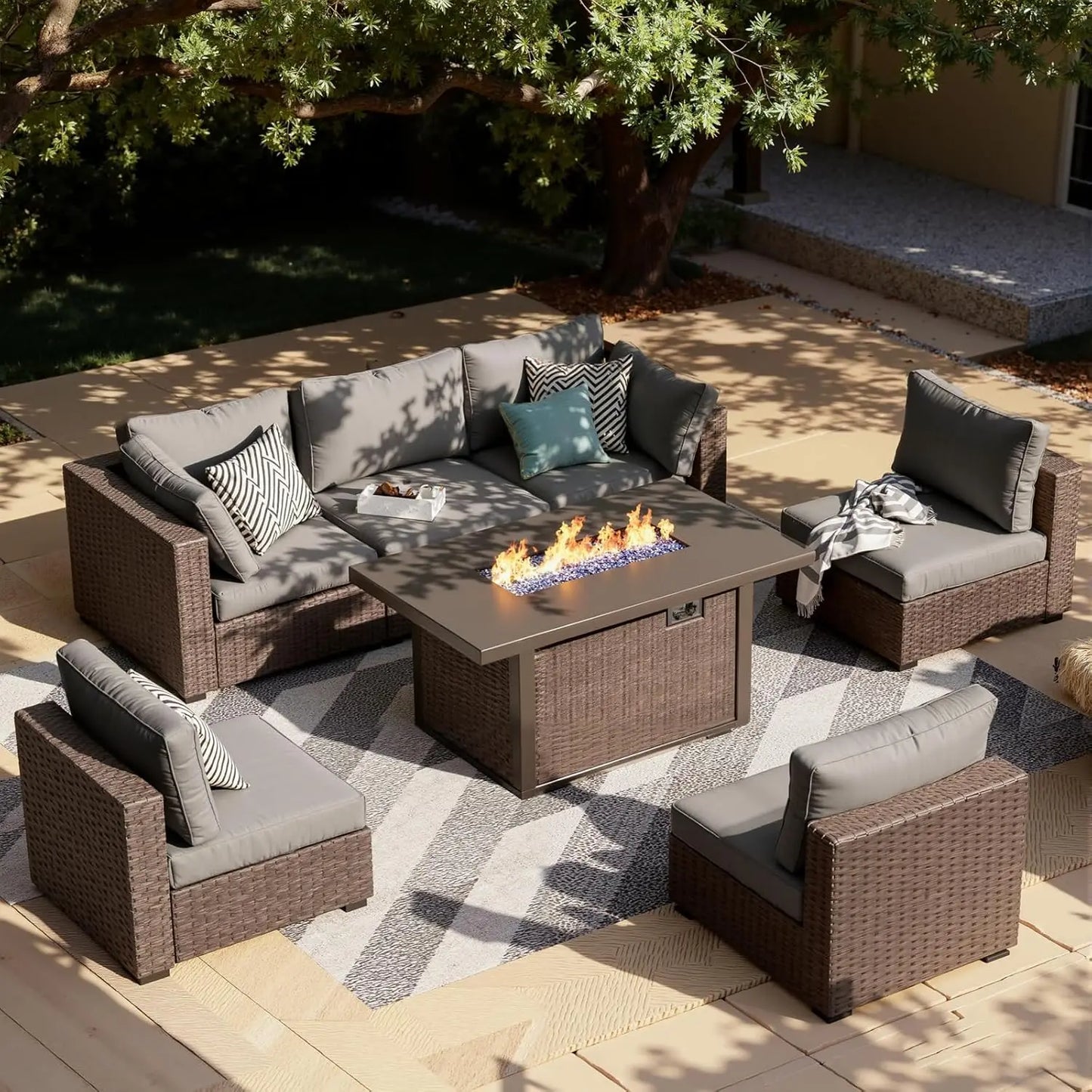 XIAOLANG 7 Piece Outdoor Patio Furniture Set With Rattan Wicker Fire Pit Table