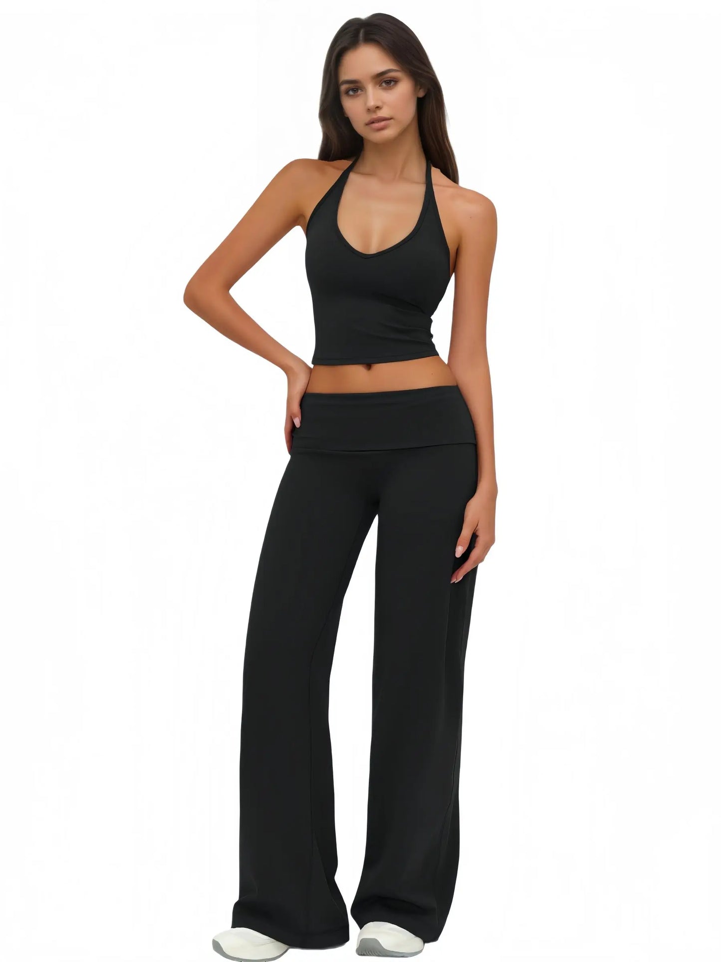 Airila 2 Piece Halter V Neck Yoga Set Backless Crop Top Fold Waist Flared Pants