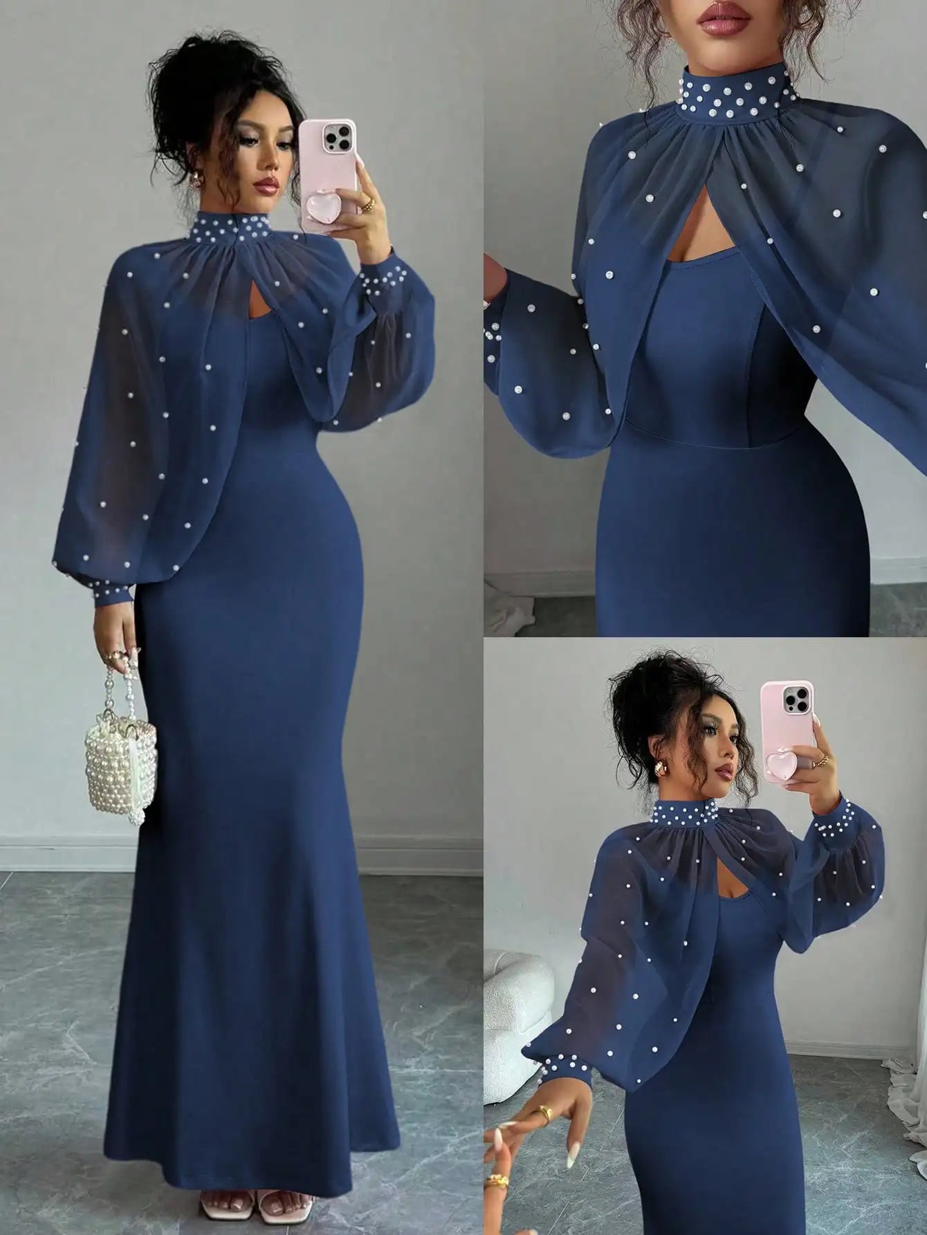 Beaded Cape Sleeve Mermaid Evening Dress Set With Pearl Overlay