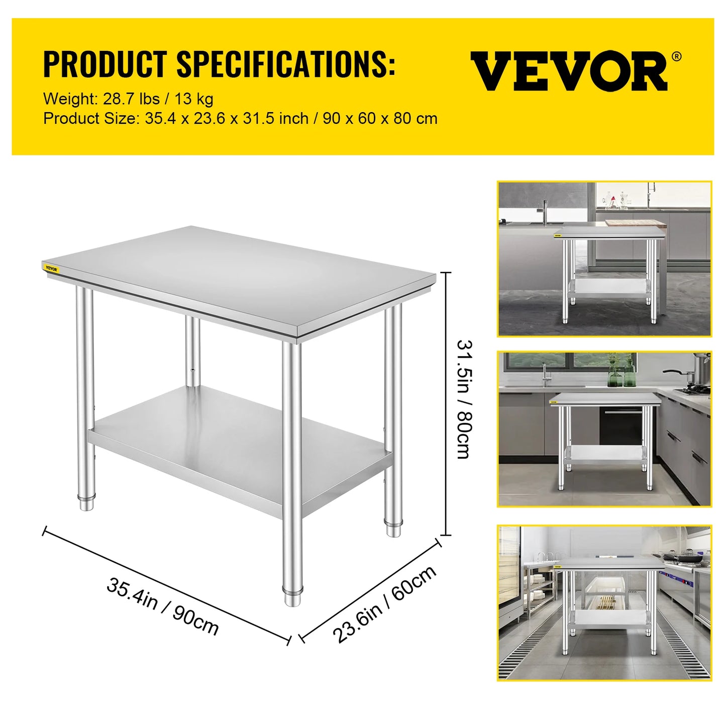 SucceBuy Kitchen Work Bench Commercial Catering Table Worktable with Undershelf Stainless Steel 330LBS 286LBS Restaurant Garage