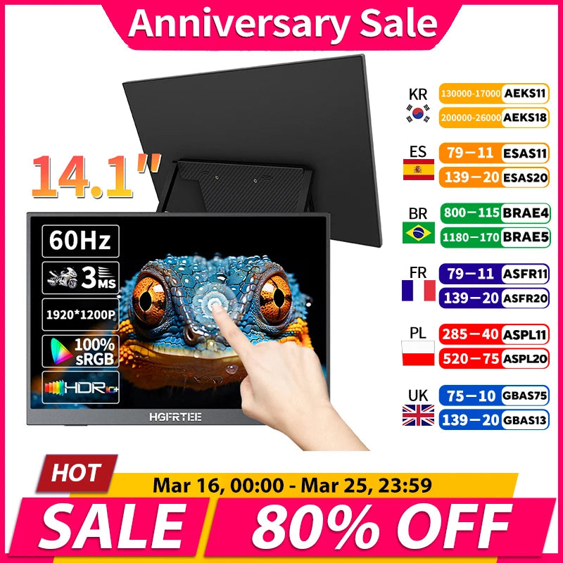 14.1 inch Portable Monitor 10-Point Touchscreen 100%sRGB 1200P IPS Second External Screen for Laptop Phone Mac Xbox Switch PS4/5