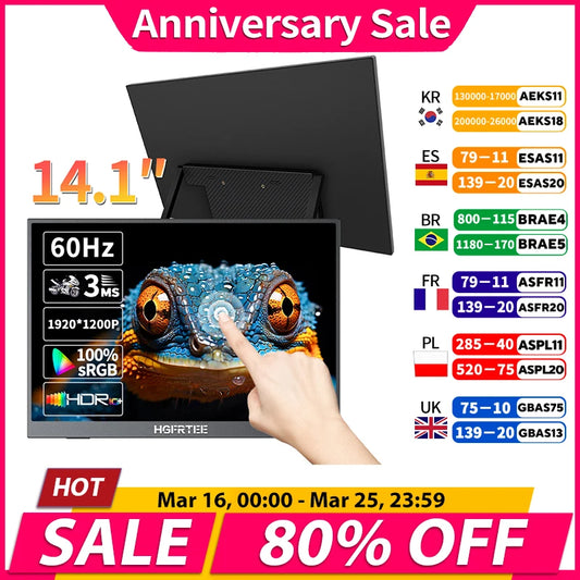 14.1 inch Portable Monitor 10-Point Touchscreen 100%sRGB 1200P IPS Second External Screen for Laptop Phone Mac Xbox Switch PS4/5