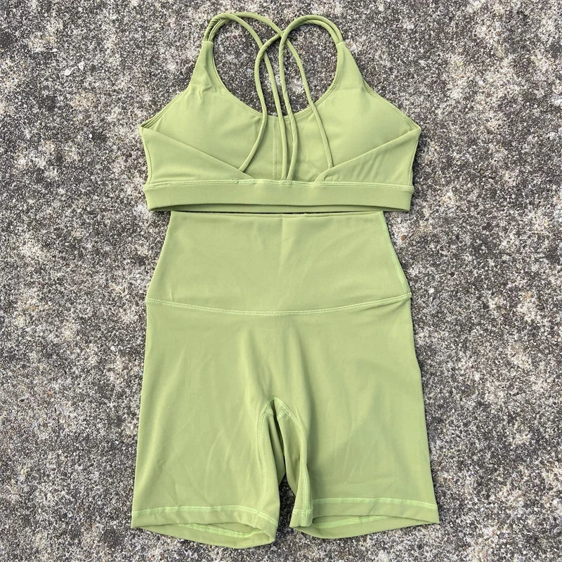 Women Cross Back Gym Bra and High Waist Shorts Set