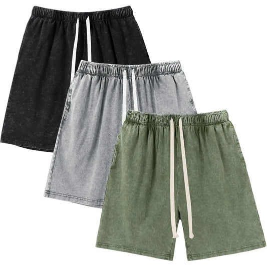 Unisex Vintage Acid Wash Cotton Sweat Shorts With Drawstring Pockets