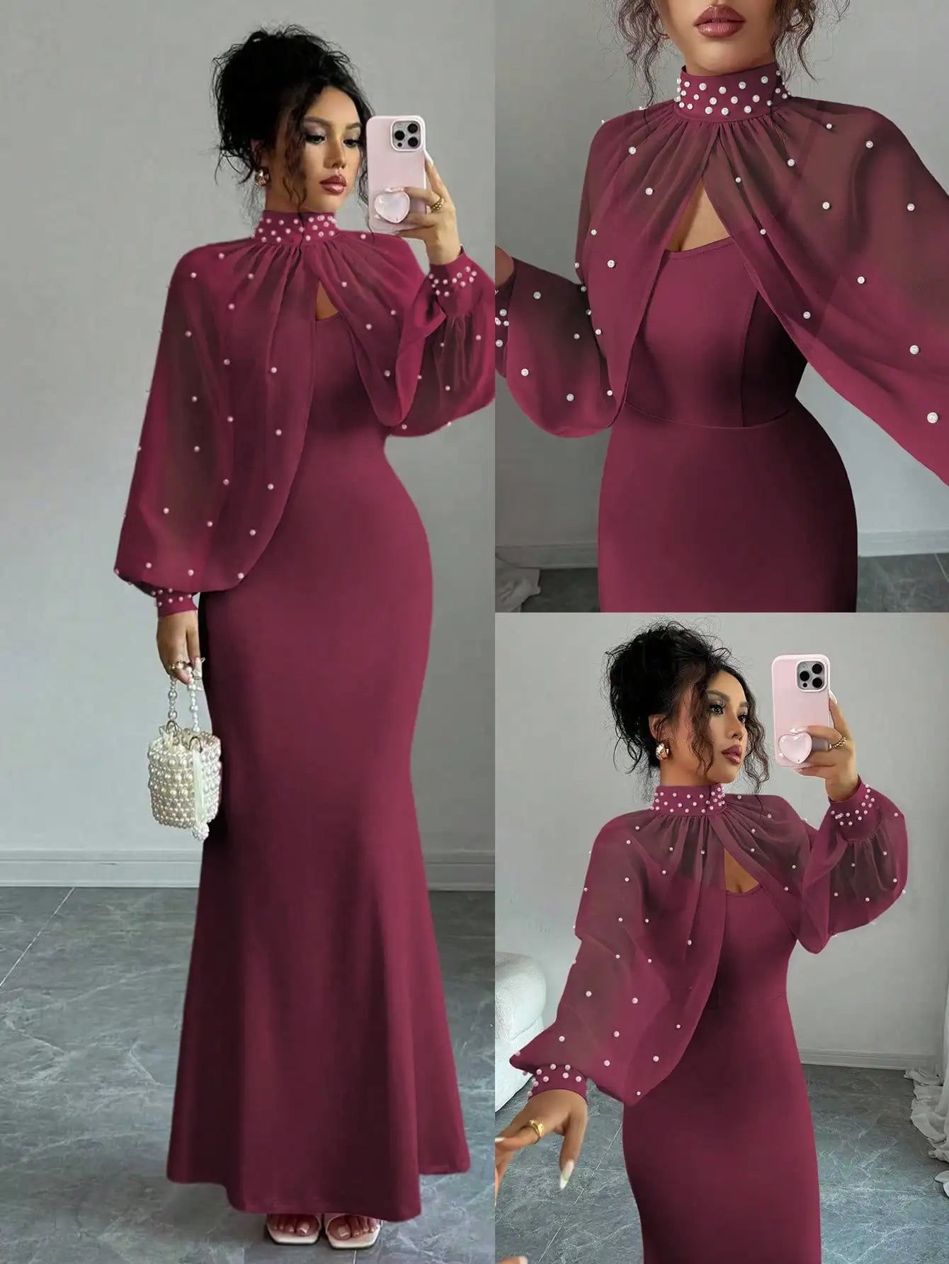 Beaded Cape Sleeve Mermaid Evening Dress Set With Pearl Overlay
