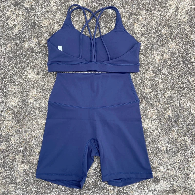 Women Cross Back Gym Bra and High Waist Shorts Set