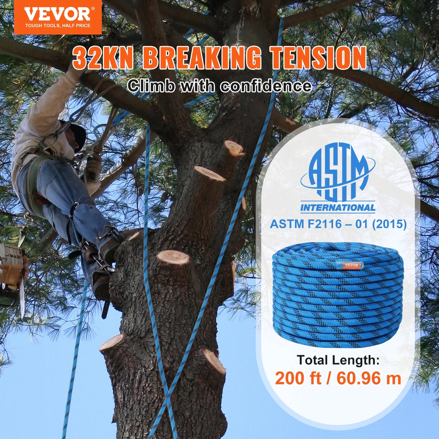 VEVOR Static Climbing Rope With 32 kN Breaking Strength