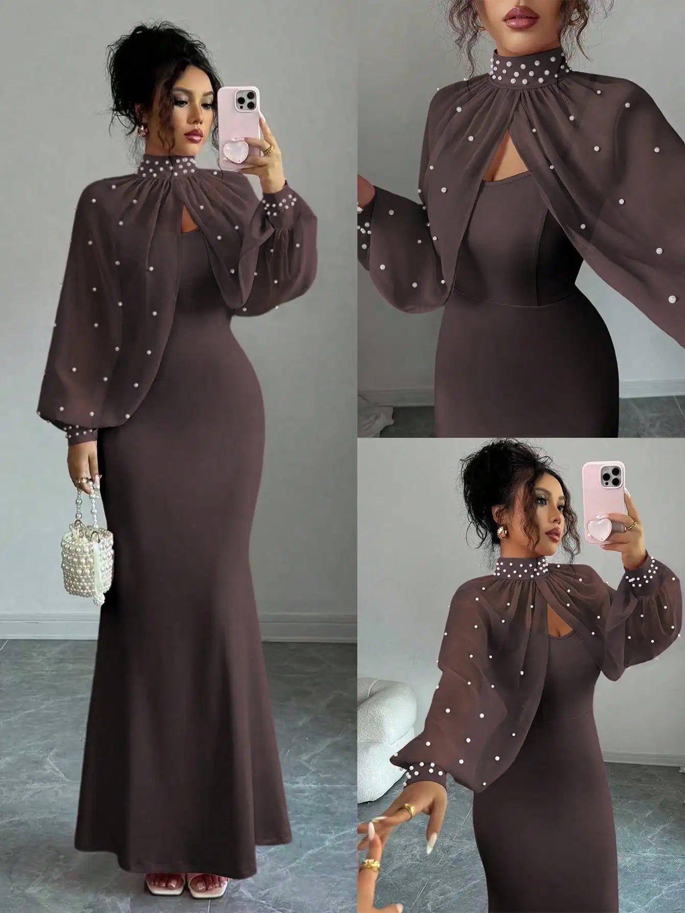 Beaded Cape Sleeve Mermaid Evening Dress Set With Pearl Overlay