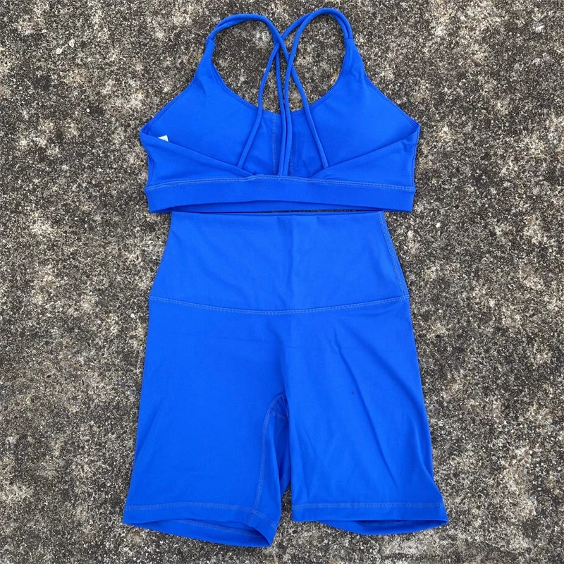 Women Cross Back Gym Bra and High Waist Shorts Set