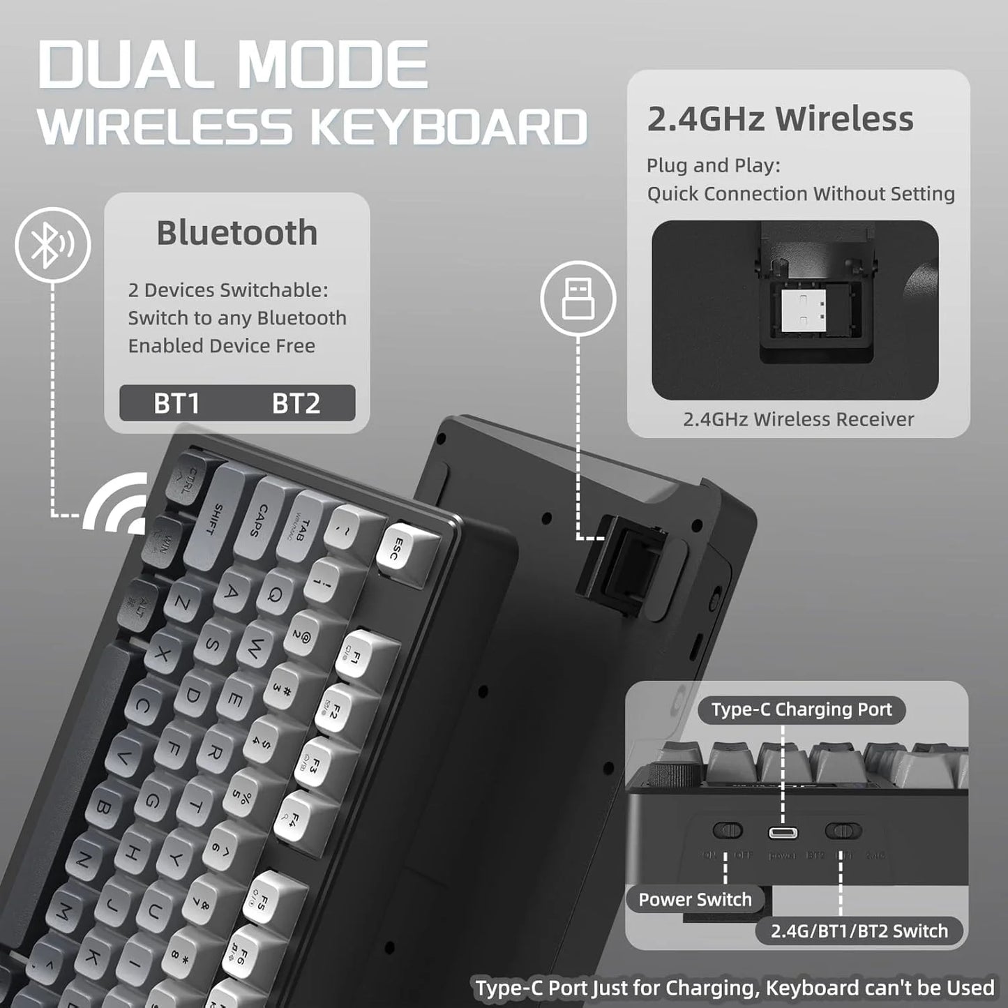 M96 Wireless Gaming Keyboard Creamy Membrane with Rainbow Backlight,Media Knob,LCD Screen,Dual Mode-Bluetooth/2.4Ghz,Ball Shape