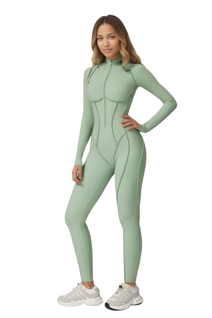Zip Front Long Sleeve Yoga Jumpsuit For Women Tummy Control