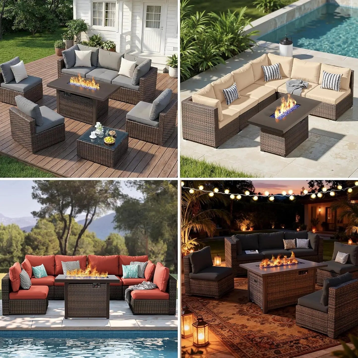 XIAOLANG 7 Piece Outdoor Patio Furniture Set With Rattan Wicker Fire Pit Table