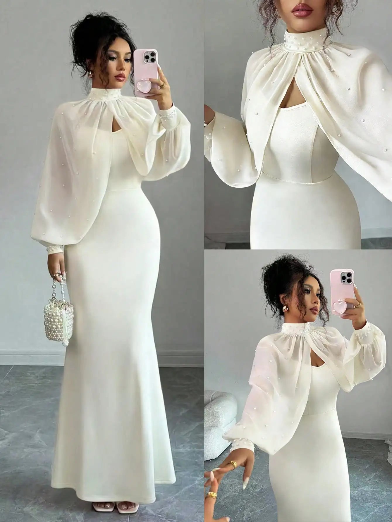 Beaded Cape Sleeve Mermaid Evening Dress Set With Pearl Overlay