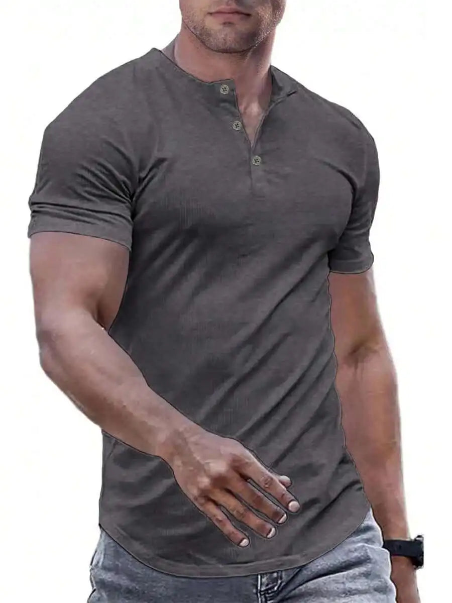 Slim Fit Henley Shirt For Men Round Neck Button Casual