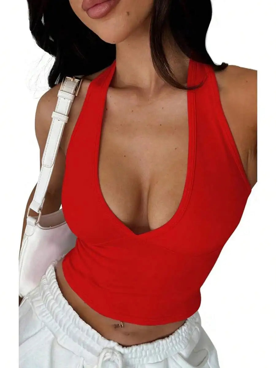 Women's Halter Deep Crop Top Backless Sleeveless Knit Polyester OS8Y