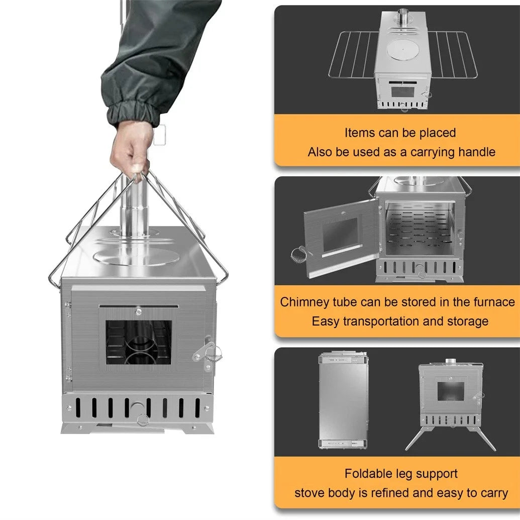 Portable Wood Burning Stove With Six Stainless Chimney Pipes For Outdoor Heating