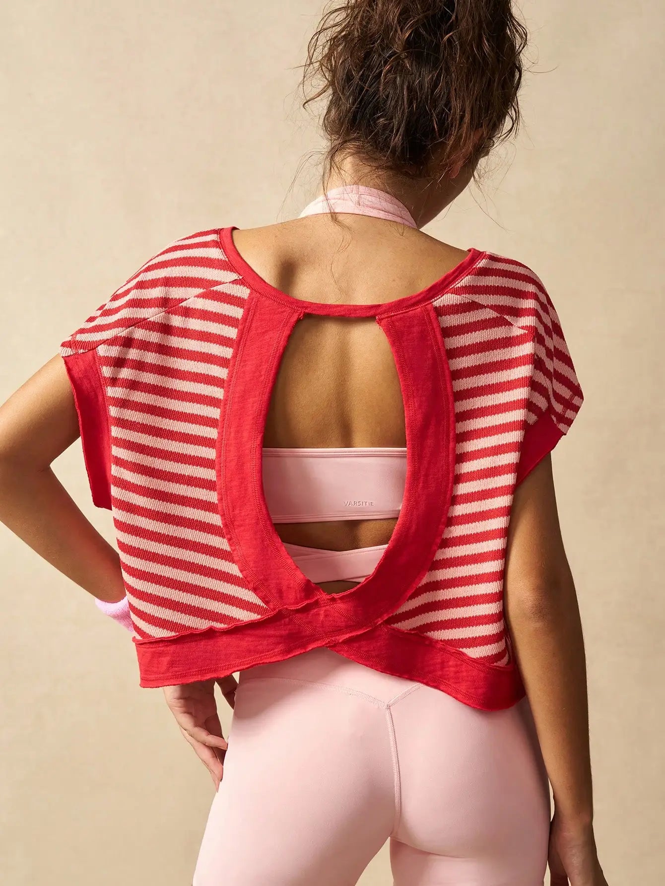 Women Striped Open Back Workout Top Gym Crop Activewear