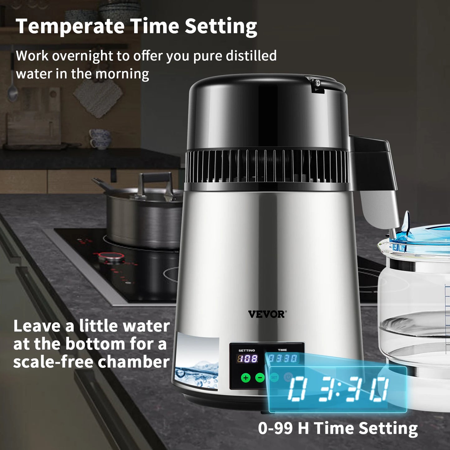 SucceBuy 4L Water Distiller Purifier Filter 1 L/H Distilling Speed Dispenser Drinking Bottle Softener Touch Screen Home Use