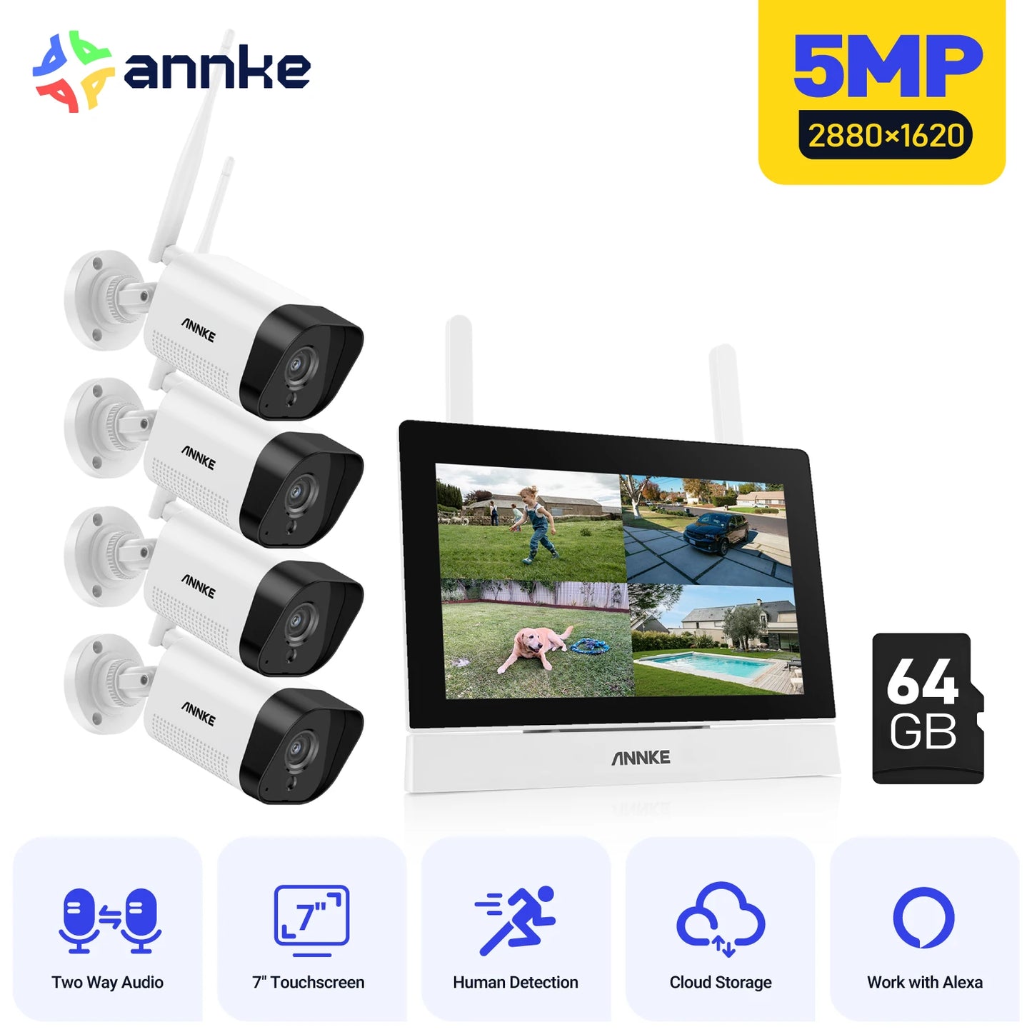 Annke 3MP 5MP Wireless CCTV System 4CH NVR Outdoor wifi camera 7-inch touch screen Two Way Audio 2/4Pcs Wifi security camera