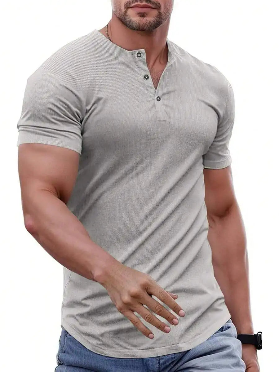 Slim Fit Henley Shirt For Men Round Neck Button Casual