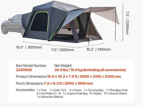 SucceBuy SUV Camping Tent Waterproof PU2000mm Double Layer Shade Awning