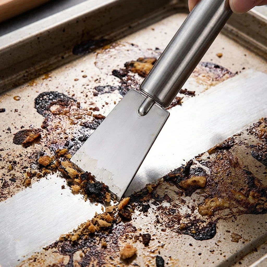 Powerful Stainless Steel Scraper, Heavy Duty Kitchen Cleaning Tool Removes Stubborn Stains from Pots Stove Tile Grill