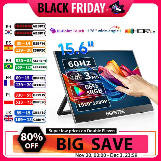 15.6inch Touch Portable Monitor 1080P 300cd/m2 Extended Display Screen for Laptop Phone Switch Xbox PS4/5 PC with Type-C HDMI